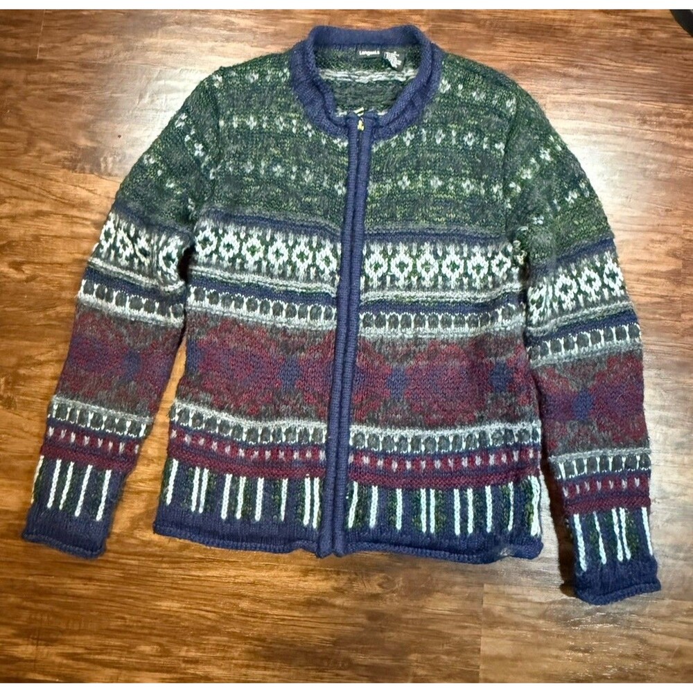 Tangents Women’s Cardigan Small Full Zip Knit Fair Aisle Sweater Wool Blend